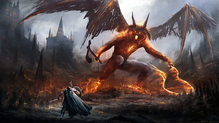 Um dos cinquenta guerreiros enfrenta Balrog nas minas de Zarakhadûm